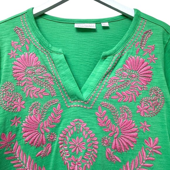 Kim Gravel Bellisima Top Medium Petite Green Pink Embroidery 3/4 Sleeve Tee - Picture 7 of 10